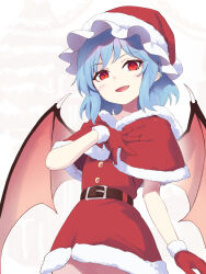 Rule 34 | 1girl, asutora, bat wings, belt, black belt, blue hair, blush, capelet, commentary, cowboy shot, dress, fang, gloves, hat, highres, open mouth, pointy ears, pom pom (clothes), red capelet, red eyes, red hat, remilia scarlet, santa costume, santa dress, santa gloves, santa hat, short hair, smile, solo, touhou, wings