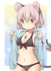 Rule 34 | 1girl, akagashi hagane, animal ears, basket, bikini, black bikini, cowboy shot, gradient background, grey hair, jacket, jacket over swimsuit, jewelry, long sleeves, looking to the side, mouse (animal), mouse ears, mouse tail, multicolored background, navel, nazrin, necklace, open clothes, red eyes, short hair, solo, star (symbol), starry background, sweatdrop, swimsuit, tail, touhou