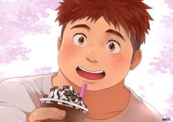 Rule 34 | 1boy, :d, blush, cherry blossoms, chocolate syrup, commentary request, drinking straw, food, highres, hijirino yuuta, holding, holding food, ice cream, incoming food, looking at viewer, open mouth, red eyes, red hair, yakushimaru ryota, shirt, short hair, sideburns, signature, smile, solo, sundae, teeth, tokyo houkago summoners, undercut, upper teeth only, whipped cream, white shirt