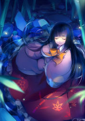 Rule 34 | 1girl, bamboo, bamboo forest, black hair, blunt bangs, blurry, bow, bowtie, bug, closed eyes, depth of field, female focus, fireflies, firefly, forest, houraisan kaguya, insect, japanese clothes, long hair, nature, night, path, road, sheska xue, sitting, smile, solo, touhou, very long hair, water, wide sleeves