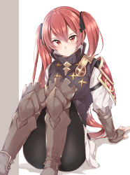 Rule 34 | 1girl, armor, armored boots, black legwear, blush, boots, brown footwear, brown gloves, fingerless gloves, fire emblem, fire emblem fates, gloves, grey background, hair between eyes, hair ribbon, jiino, knees together feet apart, long hair, long sleeves, looking at viewer, nintendo, pants, red eyes, red hair, ribbon, selena (fire emblem fates), shirt, short hair with long locks, shoulder armor, sitting, solo, turtleneck, twintails, two-tone background, very long hair, vest, white background