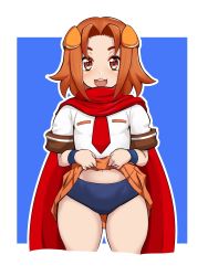 Rule 34 | 1girl, animal ears, arcana heart, brown eyes, brown hair, cape, clothes lift, dog ears, highres, konoha (arcana heart), legs, lifting own clothes, looking at viewer, navel, ninja, panties, school uniform, short hair, skirt, skirt lift, smile, solo, thick thighs, thighs, underwear