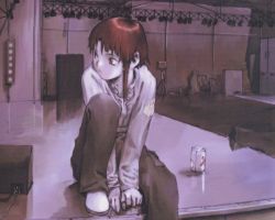 Rule 34 | 1990s (style), 1girl, :&lt;, abe yoshitoshi, brown eyes, brown hair, can, casual, drum, drum set, female focus, instrument, iwakura lain, looking back, serial experiments lain, sitting, solo, speaker, stage, stage lights
