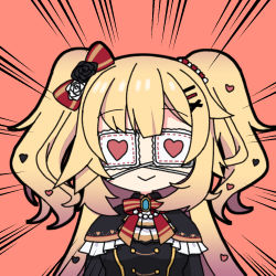 Rule 34 | 1girl, akai haato, akai haato (gothic lolita), blonde hair, check commentary, commentary request, covered eyes, emphasis lines, eyepatch, gothic lolita, hololive, honmirin, lolita fashion, red background, simple background, virtual youtuber