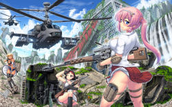 Rule 34 | &gt; &lt;, 3girls, aircraft, ak-47, assault rifle, bikini, bikini top only, black hair, black socks, blonde hair, blue eyes, clothes lift, commentary request, dark-skinned female, dark skin, dragunov svd, elbow pads, glasses, gloves, gun, hase yu, headband, helicopter, high-explosive anti-tank (warhead), holding, holding gun, holding weapon, kalashnikov rifle, kneehighs, knife, kukri, looking at viewer, looking back, man-portable anti-tank systems, missile launcher, missile rack, multiple girls, no panties, one eye closed, original, pink hair, pleated skirt, rifle, rocket-propelled grenade, rocket (projectile), rocket launcher, rocket pod, rpg, rpg-7, rpg (weapon), ruins, scenery, school uniform, side ponytail, skirt, skirt lift, sniper rifle, socks, swimsuit, thighhighs, weapon, wind, wind lift