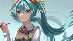 Rule 34 | 1girl, absurdres, apron, blue background, blue eyes, blue hair, blue nails, brown apron, closed mouth, collared shirt, commentary request, flower, frilled shirt collar, frills, hair between eyes, hair ribbon, hatsune miku, highres, holding, holding brush, light frown, long hair, looking at viewer, looking away, nail polish, paint splatter, paintbrush, ribbon, shirt, solo, tatyaoekaki, upper body, very long hair, vocaloid, white shirt, yellow ribbon