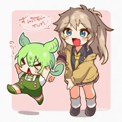 Rule 34 | &gt; &lt;, 2girls, armband, arms up, black armband, black shirt, blue eyes, blush stickers, border, brooch, brown hair, cardigan, chibi, collared shirt, commentary request, fang, fleeing, full body, green footwear, green hair, green overalls, highres, jewelry, kasukabe tsumugi, leg warmers, loafers, long hair, looking at another, low ponytail, micchan (bonyu0430), miniskirt, mole, mole under eye, multiple girls, necktie, off shoulder, one side up, open cardigan, open clothes, open mouth, outline, outside border, overall shorts, overalls, pink background, pleated skirt, raised eyebrows, running, shirt, shoes, short sleeves, simple background, skin fang, skirt, smile, speech bubble, standing, sweatdrop, triangle mouth, voicevox, white border, white outline, white shirt, yellow cardigan, yellow necktie, zundamon