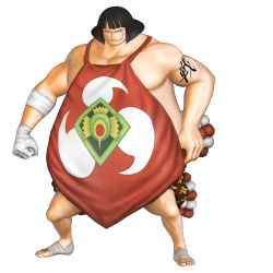 Rule 34 | 1boy, 3d, bandages, barefoot, black hair, fat, fat man, full body, male focus, official art, one piece, one piece: pirate warriors, rope, scar, sentoumaru, simple background, solo, standing, tattoo