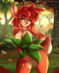 Rule 34 | 1girl, absurdres, amanddica, breasts, brown hair, cleavage, elora (spyro), furry, green eyes, hand on own hip, hand on leg, hand on own leg, hand on own thigh, hand on thigh, highres, large breasts, leaning forward, legs, mole, mole on breast, open mouth, smile, spyro (series), thick thighs, thighs