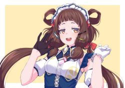 Rule 34 | 1girl, :d, asymmetrical gloves, black gloves, blue eyes, brown hair, detached sleeves, frilled gloves, frills, gloves, hair ornament, hair ribbon, hair rings, hairclip, half gloves, highres, long hair, looking at viewer, low twintails, mahoroba, maid headdress, mismatched gloves, open mouth, puffy short sleeves, puffy sleeves, red ribbon, ribbon, sakurame temari, shirt, short sleeves, sidelocks, smile, solo, teeth, twintails, underbust, upper teeth only, v, valefal coneri, virtual youtuber, white gloves, white shirt
