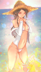 Rule 34 | 1girl, bikini, black hair, blurry, blurry background, breasts, hat, highres, jacket, legs apart, long hair, looking at viewer, medium breasts, navel, off shoulder, open clothes, open jacket, original, pandarou, red eyes, smile, solo, standing, straw hat, striped bikini, striped clothes, swimsuit, water