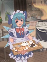 Rule 34 | 1girl, absurdres, alternate costume, apron, artist name, blue dress, blue eyes, blue hair, bow, bowtie, butter knife, cirno, coffee cup, collared shirt, cowboy shot, cup, curd snack, disposable cup, dress, duhota, enmaided, fire, flat chest, fork, frilled apron, frills, furrowed brow, gloves, highres, holding, holding tray, ice, ice wings, kitchen, maid, maid apron, maid headdress, name connection, object namesake, oven, pantyhose, puffy sleeves, pun, shirt, short hair, frying pan, sugar bowl, sweatdrop, syrniki, touhou, tray, waist apron, white apron, white pantyhose, white shirt, window, wings, you&#039;re doing it wrong