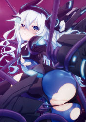 Rule 34 | 1girl, absurdres, bdsm, black heart (neptunia), blue eyes, blush, bodysuit, bondage, bound, breasts, female focus, highres, long hair, looking at viewer, medium breasts, mizunashi (second run), neptune (series), next black, noire (neptunia), pussy, restrained, saliva, shin jigen game neptune vii, solo, symbol-shaped pupils, tears, tentacles, torn clothes, very long hair, white hair