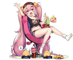 Rule 34 | + +, 1girl, :d, animal, arm up, artist request, azur lane, bed, bird, black shirt, bottle, burger, chair, chick, chips (food), cola, crop top, crop top overhang, fang, food, hair ornament, long hair, looking at viewer, loungewear, manjuu (azur lane), micro shorts, midriff, musical note, navel, off-shoulder shirt, off shoulder, official alternate costume, official art, open mouth, pink hair, playstation controller, potato chips, prinz eugen (azur lane), purple eyes, shirt, short sleeves, shorts, sitting, sleep mask, smile, socks, solo, spoken musical note, stuffed animal, stuffed toy, thighs, transparent background, twintails, very long hair, white socks, z26 (azur lane), z26 (sharing is caring) (azur lane)