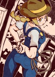 Rule 34 | 1girl, ^^^, arms behind back, ass, bare arms, belt, blonde hair, blush, breasts, brown hat, buttons, chawalit adsawawalanon, cloud, collarbone, cowboy hat, cowboy shot, creatures (company), denim, dutch angle, fence, fingernails, from behind, game freak, hat, highres, lasso, long hair, looking at viewer, looking back, medium breasts, motor vehicle, nintendo, npc trainer, open mouth, outline, overalls, pocket, pokemon, pokemon breeder (pokemon), pokemon sm, ranch, rope, shirt, short sleeves, sky, smile, solo, standing, suspenders, tongue, truck, twintails, undershirt, wheel, white shirt, wooden fence, yellow eyes