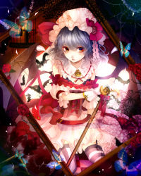 Rule 34 | 1girl, alternate costume, bare shoulders, bat wings, bug, butterfly, corset, daimaou ruaeru, detached sleeves, dress, flower, gloves, hat, hat ribbon, highres, insect, looking at viewer, mob cap, open mouth, plant, puffy short sleeves, puffy sleeves, red eyes, red flower, red rose, remilia scarlet, ribbon, rose, short sleeves, silk, silver hair, solo, spider web, strapless, strapless dress, striped clothes, striped thighhighs, thighhighs, touhou, vines, white dress, white gloves, wings, zettai ryouiki