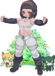 Rule 34 | 3girls, abs, alternate height, animal ears, animal print, armpits, arms up, bare shoulders, beanie, black hair, black leopard (kemono friends), blonde hair, breasts, brown eyes, brown hair, camisole, cat girl, chibi, cleavage, elbow gloves, fingerless gloves, fingernails, full body, gloves, gorilla (kemono friends), green eyes, hair between eyes, hair through headwear, hat, highres, kemono friends, kuro (kurojill), legs apart, leopard (kemono friends), leopard ears, leopard girl, leopard print, leopard tail, looking at viewer, medium hair, midriff, mini person, minigirl, multicolored hair, multiple girls, muscular, muscular female, navel, open mouth, outstretched arms, pants, see-through, shirt, shoes, sidelocks, size difference, skirt, solo focus, spread arms, standing, stomach, sweat, tail, tan, twintails, two-tone hair, wet, wet clothes, zipper pull tab