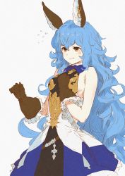 Rule 34 | 1girl, animal ears, bare shoulders, blue dress, blue hair, blush, breasts, brown eyes, brown gloves, chain, dress, erune, ferry (granblue fantasy), flying sweatdrops, frilled dress, frilled gloves, frills, gloves, granblue fantasy, grey background, hair between eyes, long hair, nervous smile, parted lips, simple background, sleeveless, sleeveless dress, small breasts, smile, solo, very long hair, wasabi60, wavy hair