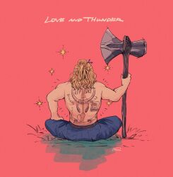 Rule 34 | 1boy, amazou, animification, artist name, back, back tattoo, belt, blonde hair, blue pants, brown belt, commentary request, copyright name, crescent tattoo, denim, grass, hair bun, hand up, heart, heart tattoo, highres, holding, holding weapon, long hair, male focus, marvel, marvel cinematic universe, muscular, muscular male, pants, pink background, pocket, shadow, simple background, sitting, solo, sparkle, stormbreaker, tattoo, thor: love and thunder, thor (marvel), topless, weapon