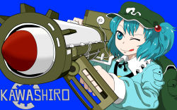 Rule 34 | 1girl, ;d, backpack, bad id, bad pixiv id, bag, blue eyes, blue hair, blush, character name, fallout (series), fallout 3, hair bobbles, hair ornament, hat, kawashiro nitori, key, matching hair/eyes, missile, one eye closed, open mouth, rocket launcher, short hair, smile, solo, touhou, twintails, two side up, weapon, wink