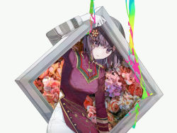 Rule 34 | 1girl, brown eyes, brown hair, clothing cutout, dress, floral background, framed, hair ornament, highres, kuuhaku no canvas ni egaku watashi wa (project sekai), long sleeves, looking at viewer, moro (from m0r0), official alternate costume, paint, painting (object), pants, partially colored, project sekai, red dress, shinonome ena, short hair, side cutout, solo, vietnamese dress, white pants