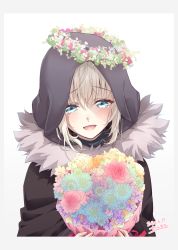 Rule 34 | 1girl, blue eyes, blue flower, blush, bouquet, cape, chili-tomato (gekikaraya), commentary request, cropped torso, dated, fate (series), flower, fur-trimmed cape, fur trim, gray (fate), grey background, head wreath, highres, holding, holding bouquet, hood, hood up, long sleeves, looking down, lord el-melloi ii case files, open mouth, pink flower, short hair, signature, simple background, solo, tearing up, upper body, white background, yellow flower
