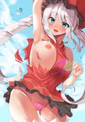 Rule 34 | 1girl, :d, arm up, blue eyes, boots, breasts, cloud, drill hair, eyes visible through hair, fate/grand order, fate (series), fujiko (emnprmn), gluteal fold, hat, highres, large breasts, long hair, looking at viewer, marie antoinette (fate), miniskirt, nipples, open mouth, panties, pink panties, pleated skirt, red hat, red shirt, shirt, sidelocks, silver hair, skirt, sky, smile, solo, swimsuit, tan, thigh boots, thigh gap, thighhighs, thighs, tongue, torn clothes, twin drills, underwear, water drop