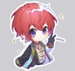 Rule 34 | 1boy, :3, blush, chibi, chinese clothes, cropped torso, earrings, ensemble stars!, gloves, highres, jacket, jacket on shoulders, jewelry, looking at viewer, male focus, purple eyes, red hair, short hair, smile, solo, sparkle, su dong huo ji, suou tsukasa, v