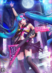 Rule 34 | 10s, 1girl, 2016, artist request, bare shoulders, black skirt, black thighhighs, blue hair, blue nails, collar, cuffs, dated, electric guitar, female focus, frilled cuffs, frills, guitar, hatsune miku, highres, holding, holding instrument, instrument, long hair, looking at viewer, midriff, nail polish, navel, necktie, oawa, oop, open mouth, pleated, pleated skirt, pointing, pointing up, purple eyes, shirt, skirt, sleeveless, sleeveless shirt, solo, standing, tell your world (vocaloid), thighhighs, tie clip, twintails, vocaloid, wrist cuffs, zettai ryouiki