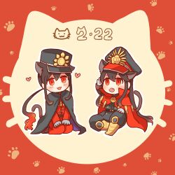 Rule 34 | 1boy, 1girl, :3, :d, :o, animal ears, armored boots, belt, black belt, black cape, black hair, black hat, black jacket, black pants, blush stickers, boots, brother and sister, cape, cat day, cat ears, cat tail, chibi, chibi only, crest, crossed ankles, dated, family crest, fang, fate/grand order, fate (series), fiery hair, full body, gloves, grey gloves, hair between eyes, hand up, hat, heart, high collar, highres, inset border, jacket, jodhpurs, kepi, knee up, long hair, looking at another, medallion, military hat, military uniform, oda nobukatsu (fate), oda nobunaga (fate), oda nobunaga (koha-ace), oda uri, open mouth, pants, papico0154, paw print, peaked cap, red background, red cape, red eyes, red jacket, red pants, seiza, siblings, sidelocks, sitting, smile, tail, very long hair, yellow background