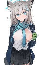 Rule 34 | 1girl, animal ears, blue archive, blue eyes, breasts, eyelashes, eyes visible through hair, gloves, hair between eyes, hair ornament, halo, highres, jacket, large breasts, looking at viewer, mikozin, necktie, nipples, one breast out, scarf, school uniform, shiroko (blue archive), shirt, short hair, silver hair, simple background, skirt, solo, white background, wolf ears, wolf girl