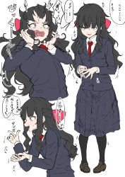Rule 34 | 1girl, :d, absurdres, black hair, black pantyhose, black thighhighs, blazer, blush, highres, jacket, loafers, long hair, looking at viewer, multiple views, necktie, open mouth, original, pantyhose, pleated skirt, purple eyes, s k (shiro karasu), school uniform, shoes, simple background, skirt, smile, solo, teeth, thighhighs, translation request, white background