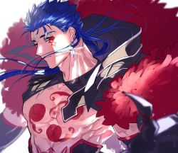 Rule 34 | 1boy, abs, alternate hairstyle, bare pectorals, blue hair, bodypaint, closed mouth, cu chulainn (fate), cu chulainn (fate) (all), cu chulainn (fate/stay night), cu chulainn alter (fate), cu chulainn alter (fate/grand order), dark persona, earrings, facepaint, fate/grand order, fate (series), fur, hair down, hood, hood down, jewelry, lancer, long hair, looking back, male focus, muscular, nipples, pectorals, red eyes, simple background, skin tight, smile, solo, spiked hair, spikes, topless male, type-moon, uni (nico02), white background