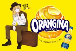 Rule 34 | 1girl, ad, ayase eli, bad id, bad twitter id, blonde hair, blue eyes, bottle, collared shirt, cowboy hat, hair down, hat, jacket, jacket over shoulder, unworn jacket, long hair, long sleeves, love live!, love live! school idol project, orangina, parody, purin0, purin (purin0), shirt, shoes, simple background, sitting, sitting on object, sleeves rolled up, smile, solo, suitcase, watch, white shirt, wristwatch, yellow background