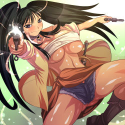 Rule 34 | 1girl, aiming, aiming at viewer, bad id, bad pixiv id, breasts, choker, covered erect nipples, denim, denim shorts, dual wielding, fang, firing, gun, handgun, hands on own hips, highres, holding, holding gun, holding weapon, large breasts, nipples, pistol, puffy nipples, revolver, shorts, solo, sword, sword world, twintails, underboob, weapon, yuuyan