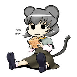 Rule 34 | 1girl, animal ears, black eyes, black footwear, capelet, cheese, dress, eating, food, grey dress, grey hair, holding, holding food, long sleeves, lowres, mouse ears, mouse girl, mouse tail, nazrin, shirt, short hair, simple background, sitting, smoking grass, socks, solo, tail, touhou, translation request, white background, white shirt, white socks