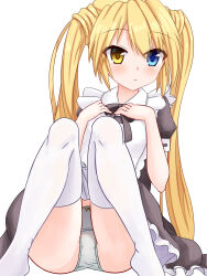 Rule 34 | 1girl, :&lt;, alternate costume, apron, black dress, black ribbon, blonde hair, blue eyes, blush, closed mouth, commentary, dress, enmaided, eyelashes, eyes visible through hair, feet out of frame, frilled apron, frilled dress, frills, hair between eyes, hands on own chest, hands up, heterochromia, highres, knees up, long hair, looking at viewer, maid, maid apron, nakatsu shizuru, no shoes, panties, puffy short sleeves, puffy sleeves, rewrite, ribbon, short dress, short sleeves, shy, sidelocks, simple background, sitting, smile, solo, straight hair, tamba i, thighhighs, twintails, underwear, very long hair, white apron, white background, white panties, white thighhighs, yellow eyes