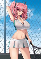 Rule 34 | 1girl, absurdres, arm behind head, arm up, armpits, azur lane, bare shoulders, blue sky, breasts, bremerton (azur lane), bremerton (scorching-hot training) (azur lane), chain-link fence, cleavage, closed mouth, cloud, collarbone, collared shirt, commentary, cowboy shot, crop top, crop top overhang, day, fence, green skirt, grey hair, hair between eyes, hair ornament, hairclip, heart, heart necklace, highres, holding, holding racket, jewelry, large breasts, long hair, looking at viewer, midriff, miniskirt, mole, mole under eye, multicolored hair, navel, necklace, official alternate costume, outdoors, pink eyes, pink hair, racket, shirt, sidelocks, skirt, sky, sleeveless, sleeveless shirt, smile, solo, sportswear, standing, streaked hair, sweat, tennis racket, tennis uniform, twintails, two-tone hair, two-tone shirt, two-tone skirt, white shirt, white skirt, x hair ornament, zeukiar