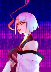Rule 34 | cyberpunk (series), cyberpunk edgerunners, facepaint, highres, jacket, looking at viewer, lucy (cyberpunk), multicolored eyes, multicolored hair, open clothes, open jacket, pale skin, parted bangs, red lips, sethkiel, smoking