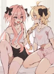 Rule 34 | 2boys, :3, :d, aether (genshin impact), astolfo (fate), black bow, black skirt, blush, bow, braid, bulge, commentary, crossdressing, crossover, earrings, english commentary, fang, fate (series), flower, genshin impact, hair bow, highres, holding another&#039;s hair, jewelry, male focus, multicolored hair, multiple boys, off shoulder, open mouth, pink hair, pink skirt, pink thighhighs, shirt, single braid, single earring, sitting, skirt, smile, streaked hair, thighhighs, trap, twitter username, wai1010, white flower, white hair, white shirt