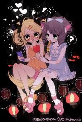 Rule 34 | 2girls, ?, animal ears, bad id, bad pixiv id, black background, black bow, blonde hair, blue bow, bow, brown hair, candy apple, cat ears, cellphone, cyan (show by rock!!), dress, drill hair, eating, food, green eyes, hair bow, heart, holding, holding phone, invisible chair, lantern, mamaloni, multiple girls, orange dress, phone, pink footwear, platform footwear, retoree (show by rock!!), sandals, sash, show by rock!!, sitting, smartphone, socks, spoken question mark, tail, white legwear, wide-eyed, yellow eyes