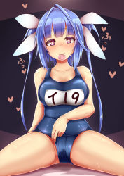 Rule 34 | 1girl, blue hair, blue one-piece swimsuit, breasts, condom, condom in mouth, condom wrapper, flower-shaped pupils, hair ribbon, heart, highres, holding, holding condom, i-19 (kancolle), kantai collection, large breasts, long hair, mouth hold, name tag, one-piece swimsuit, red eyes, ribbon, school swimsuit, sitting, solo, spread legs, swimsuit, symbol-shaped pupils, tri tails, unomi