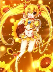 Rule 34 | 10s, 1girl, ;d, bad id, bad pixiv id, blonde hair, blush, boots, bow, brooch, brown background, cure sunshine, floral background, flower, full body, hair ribbon, heart, heart brooch, heartcatch precure!, highres, i-da, instrument, jewelry, knee boots, light particles, long hair, magical girl, midriff, miniskirt, myoudouin itsuki, navel, one eye closed, open mouth, orange bow, precure, ribbon, shiny tambourine (heartcatch precure!), skirt, smile, solo, sunflower, tambourine, twintails, wink, wrist cuffs, yellow bow, yellow eyes, yellow theme