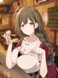 Rule 34 | 1girl, ahoge, blush, breasts, brown hair, choko (cup), cleavage, collarbone, cup, food, gangshangguang (smjy5842), hand on own chest, highres, holding, holding cup, huge ahoge, idolmaster, idolmaster shiny colors, kuwayama chiyuki, large breasts, long braid, looking at viewer, photo background, restaurant, shirt, sitting, smile, solo, takoyaki, white shirt