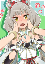Rule 34 | 1girl, @ @, absurdres, animal ears, blush, bracelet, breasts, brown eyes, cat ears, chest jewel, cleavage, facial mark, fangs, gloves, grey hair, hands on another&#039;s face, highena, highres, jewelry, looking at viewer, nia (blade) (xenoblade), nia (xenoblade), open mouth, pov, solo focus, whisker markings, xenoblade chronicles (series), xenoblade chronicles 2