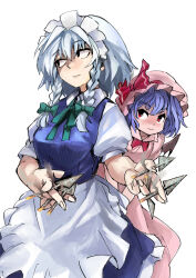 Rule 34 | 2girls, apron, between fingers, blue dress, braid, breasts, dress, hat, highres, holding, izayoi sakuya, knife, light smile, looking at another, looking to the side, maid, maid headdress, medium breasts, mob cap, multiple girls, red eyes, remilia scarlet, rightorisamraido3, simple background, smoke, touhou, twin braids, white background