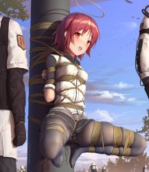 Rule 34 | 1girl, :d, arknights, arms behind back, bdsm, black pantyhose, black skirt, blue sky, blush, bondage, bound, breasts, collar, commentary request, crotch rope, day, exusiai (arknights), fine fabric emphasis, full body, halo, highres, himitsu (hi mi tsu 2), lactation, lactation through clothes, miniskirt, no shoes, open mouth, outdoors, pantyhose, pillar, purple hair, pussy juice, red eyes, restrained, reunion logo (arknights), saliva, shibari, short hair, short sleeves, skindentation, skirt, sky, slave, small breasts, smile, solo focus, spread legs, twitter username, upskirt, vest, white vest