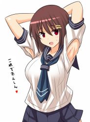 Rule 34 | 1girl, :d, armpit cutout, armpits, arms behind head, arms up, black skirt, blue necktie, breasts, brown hair, clothing cutout, cowboy shot, hair ornament, hairclip, konno tohiro, large breasts, looking at viewer, necktie, open mouth, original, pleated skirt, red eyes, school uniform, serafuku, shirt, short hair, simple background, skirt, smile, solo, sweat, white background, white shirt