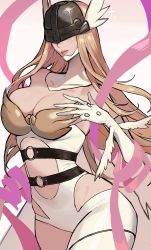 Rule 34 | 1girl, absurdres, angel, angel wings, angewomon, bare shoulders, belt, blonde hair, bodysuit, breasts, cleavage, clothing cutout, commentary, covered eyes, digimon, digimon (creature), elbow gloves, ennuigrl, feathers, gloves, head wings, helmet, highres, knee up, large breasts, lips, long hair, midriff, navel, navel cutout, o-ring, o-ring belt, open mouth, revealing clothes, single elbow glove, single thighhigh, solo, symbol-only commentary, teeth, thigh strap, thighhighs, thighs, white bodysuit, winged helmet, wings
