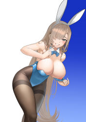 Rule 34 | 1girl, animal ears, asuna (blue archive), asuna (bunny) (blue archive), bare shoulders, black pantyhose, blonde hair, blue archive, blush, bow, bowtie, breasts, cleavage, detached collar, fake animal ears, grey eyes, grin, hair over one eye, highres, leotard, long hair, looking at viewer, nero (nilu), nipples, pantyhose, playboy bunny, rabbit ears, smile, solo, thighband pantyhose, traditional bowtie